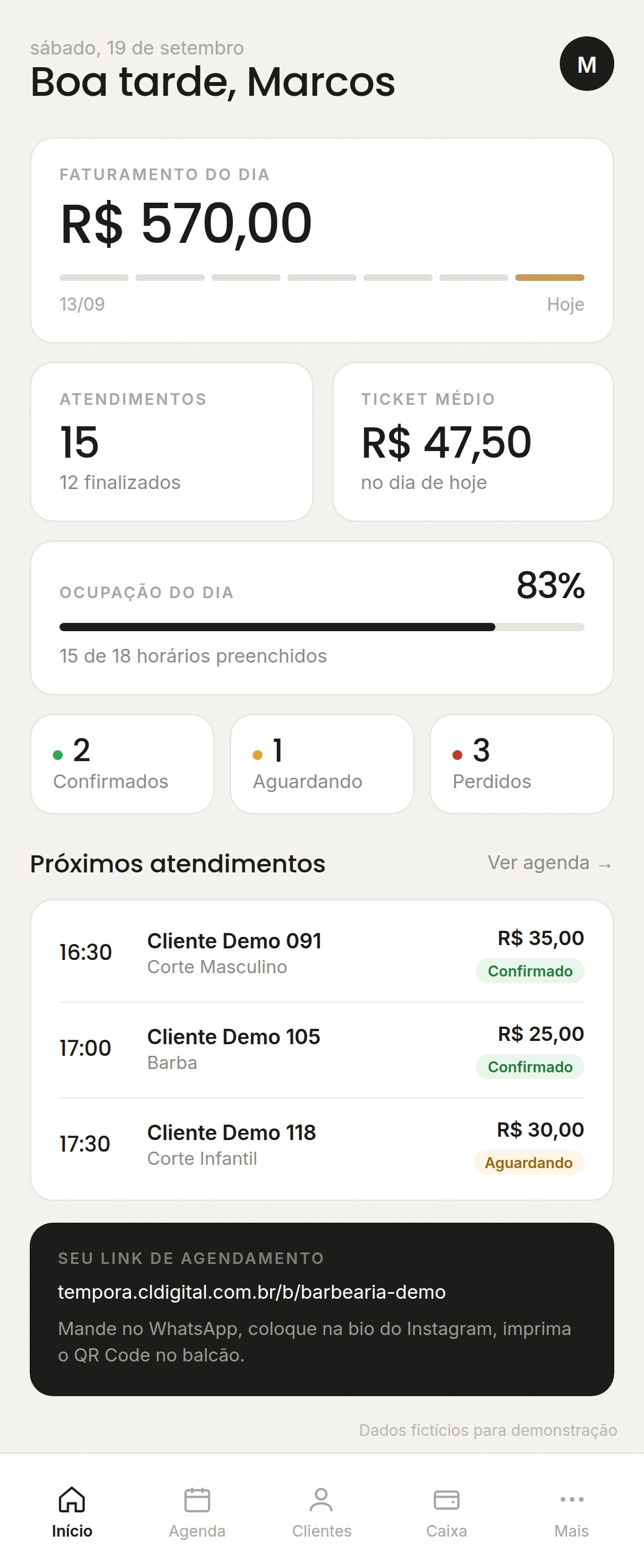 Têmpora: tela inicial com faturamento, ocupação e próximos atendimentos